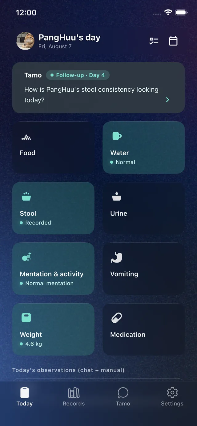 The day view: eight recordable modules — food, water, stool, urine, mentation and activity, vomiting, weight, medication — each showing whether it has been recorded and what it said. Above them, Tamo's follow-up question for day four of an open course.