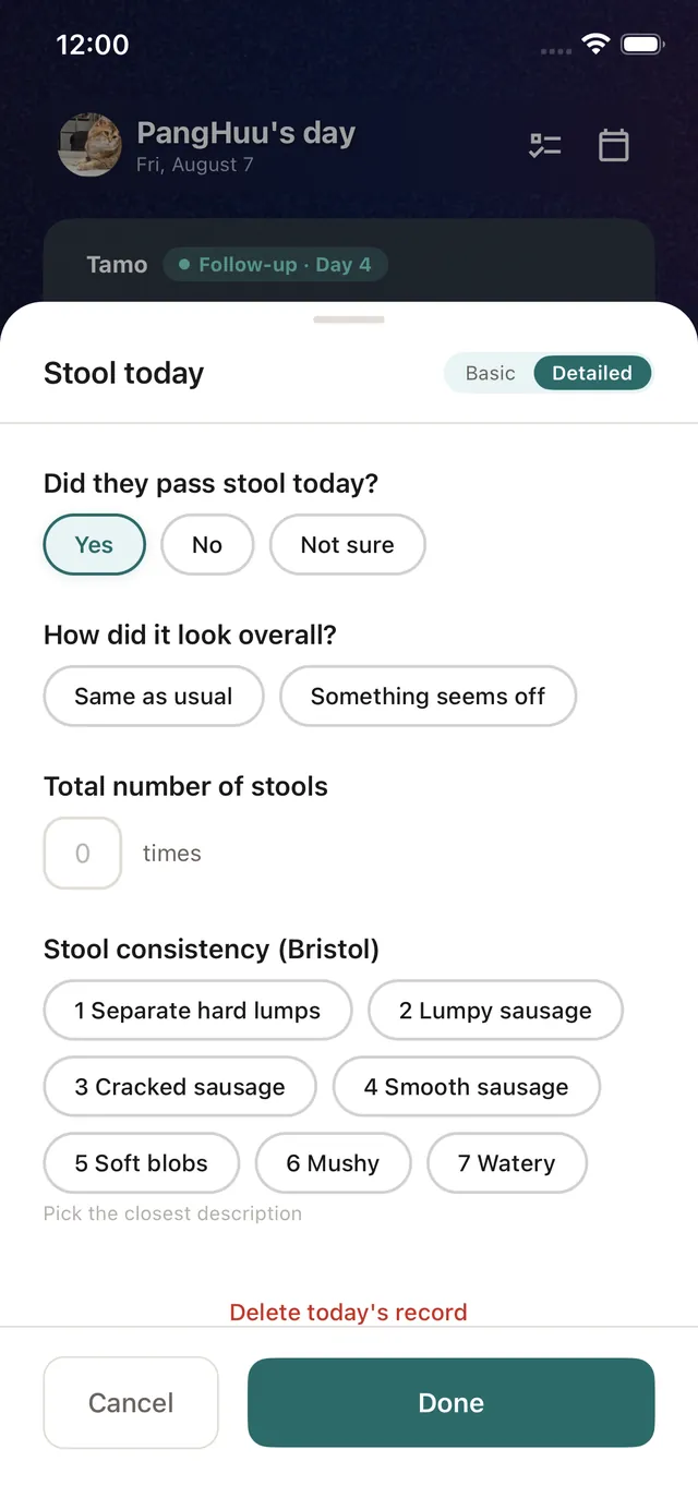The stool module, opened from Today, in its clinical form: passed or not, overall impression, count, and the seven-point Bristol consistency scale.