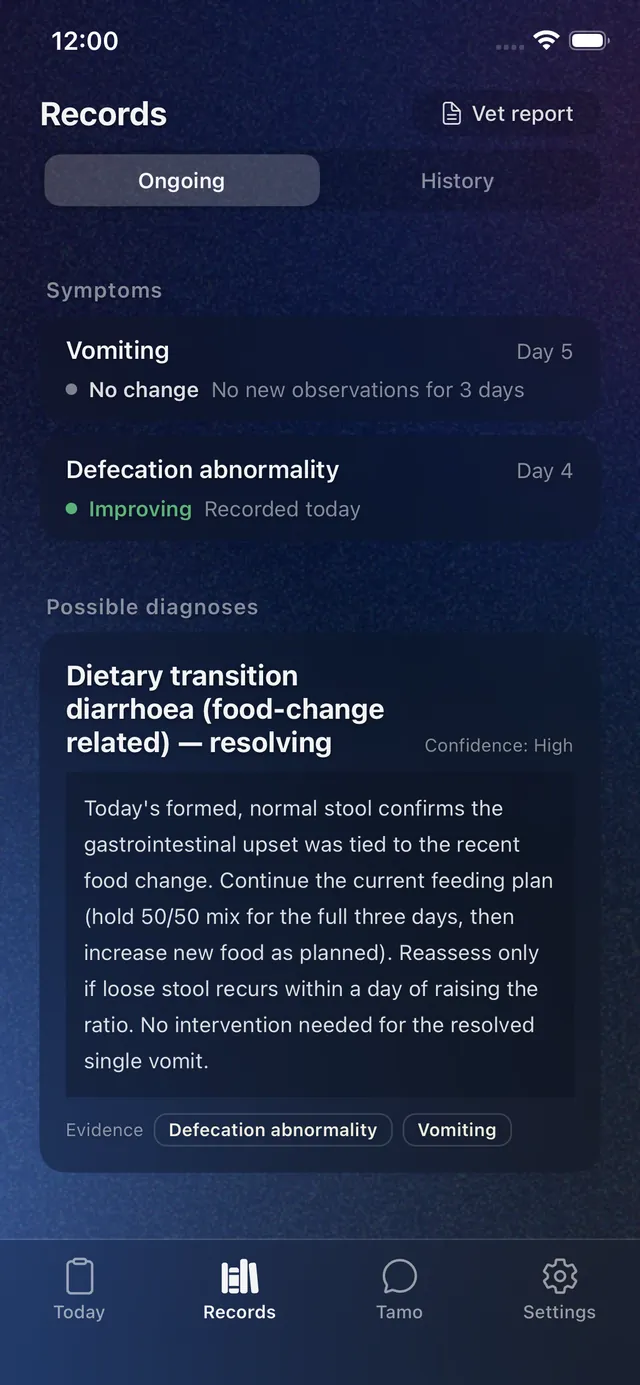 The records view: open symptom courses with their day count and direction, and beneath them the diagnosis frame — a resolving dietary-transition diarrhoea, with the observations it rests on named as evidence.