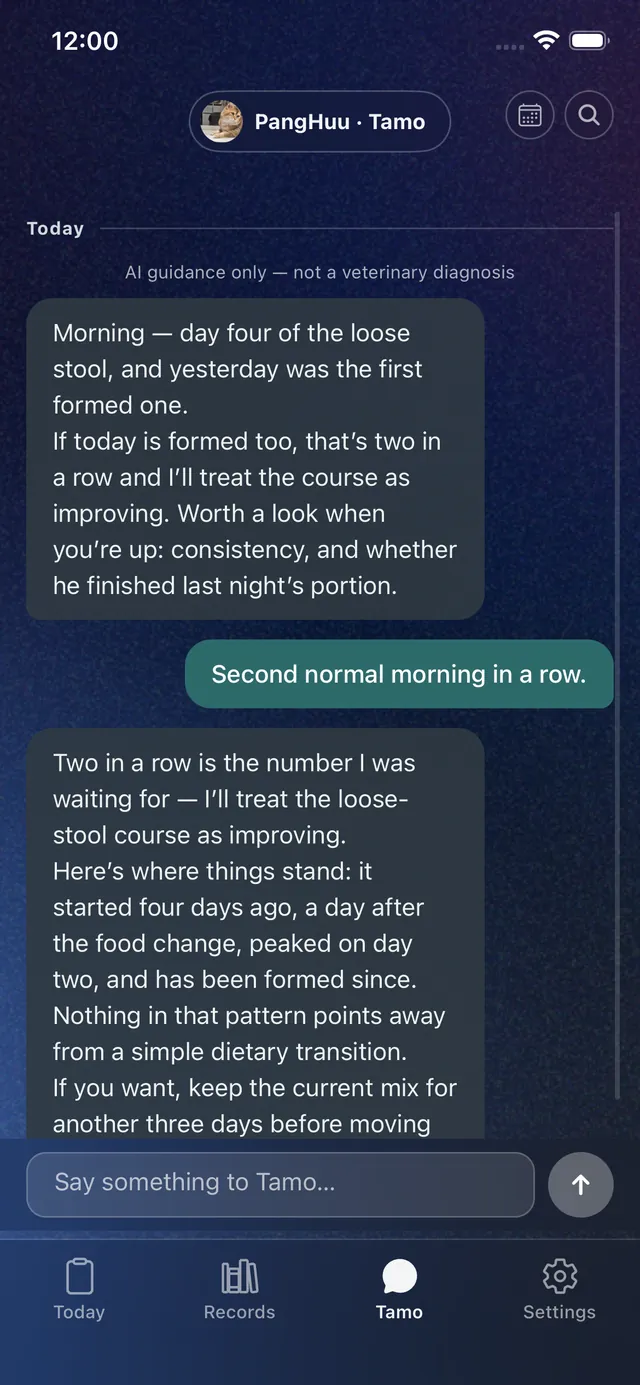 The conversation. Tamo opens from the nightly agenda rather than a blank slate, names what it is waiting for — a second normal morning in a row — and, once the owner supplies it, restates the course history and what it now concludes.